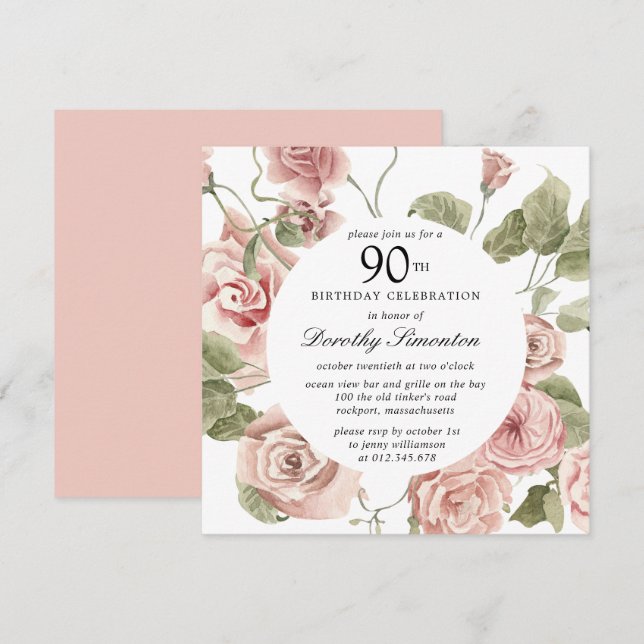 Dusty Rose Floral 90e Invitation anniversaire (Devant / Derrière)