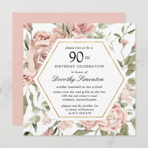 Dusty Rose Floral 90e Invitation anniversaire