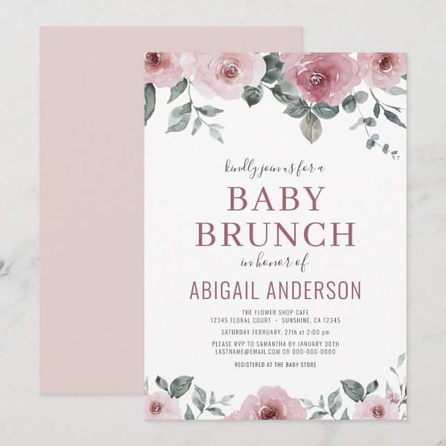 Dusty Rose Floral Baby Brunch Shower Invitation (Devant / Derrière)