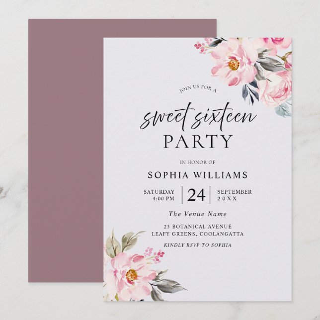 Dusty Rose Floral Blush Rose Sweet 16 Invitation (Devant / Derrière)