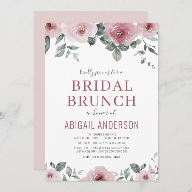 Dusty Rose Floral Bridal Brunch Shower Invitation (Devant / Derrière)