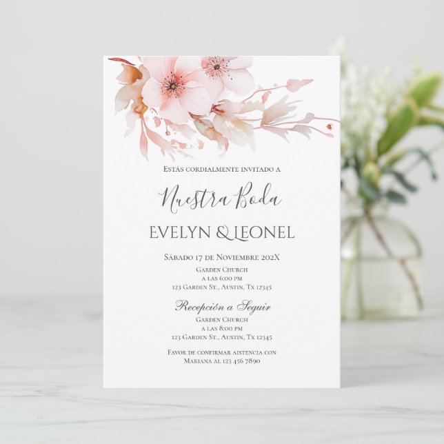 Dusty Rose Floral Faire-part de mariage en espagno (Debout devant)