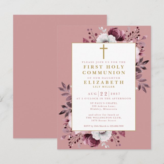 Dusty Rose Floral First Holy Communion Invitation (Devant / Derrière)