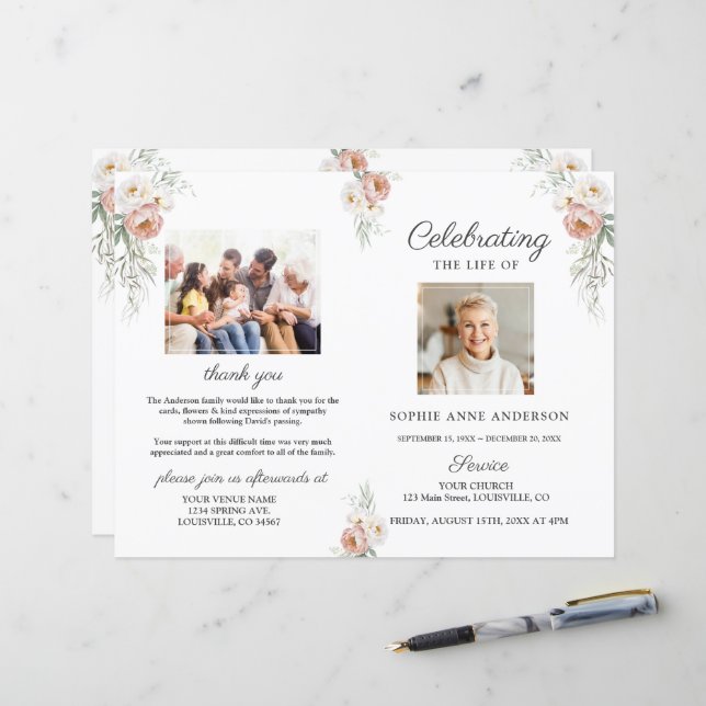 Dusty Rose Floral Funeral Service Programme photo (Devant/Arrière en situation)