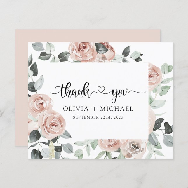 Dusty rose Floral verdure Merci Invitation (Devant / Derrière)