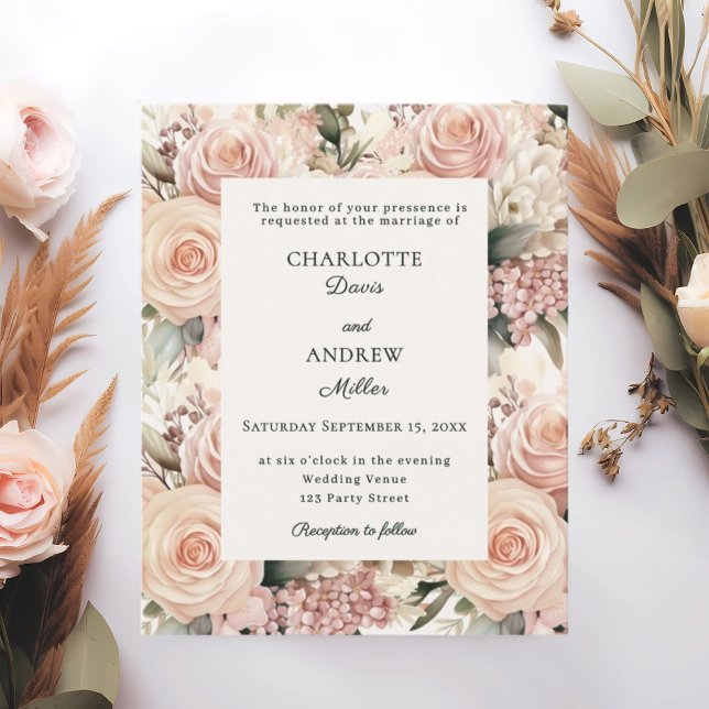 Dusty rose mauve ivory florals wedding invitation (Créateur téléchargé)