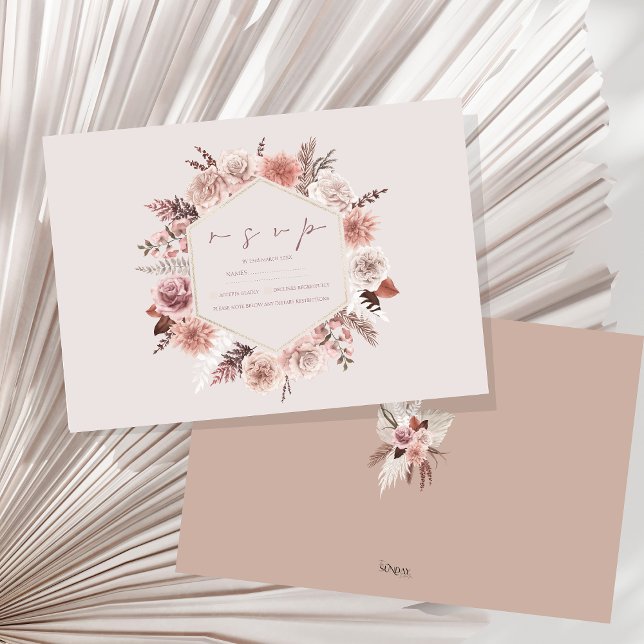 Dusty Rose Pampas Boho Wedding RSVP (Boho Dusty Pink Dried Flowers Wreath Wedding RSVP Card)