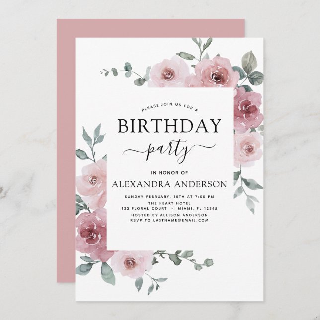 Dusty Rose rose fête d'anniversaire Invitation flo (Devant / Derrière)