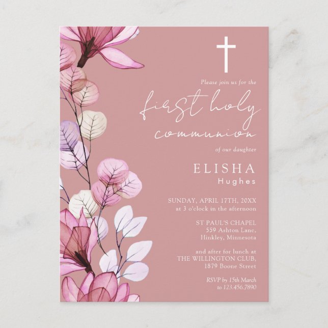 Dusty Rose rose Floral Sainte Communion Invitation (Devant)