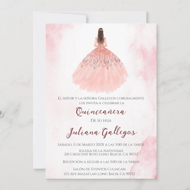 Dusty rose silhouette Quinceanera invitation (Devant)