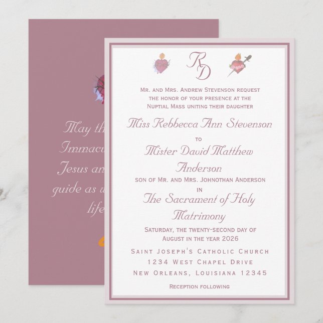 Dusty Rose Two Hearts Catholic Wedding Invitation (Devant / Derrière)