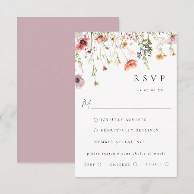 Dusty Rose Wildflower Wedding Meal Choice RSVP (Devant / Derrière)