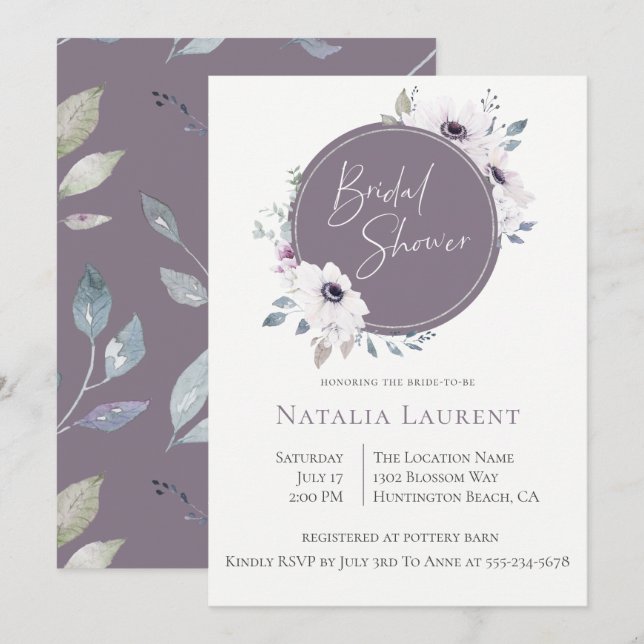 Dusty Violet Floral Frame Bridal Shower Invitation (Devant / Derrière)