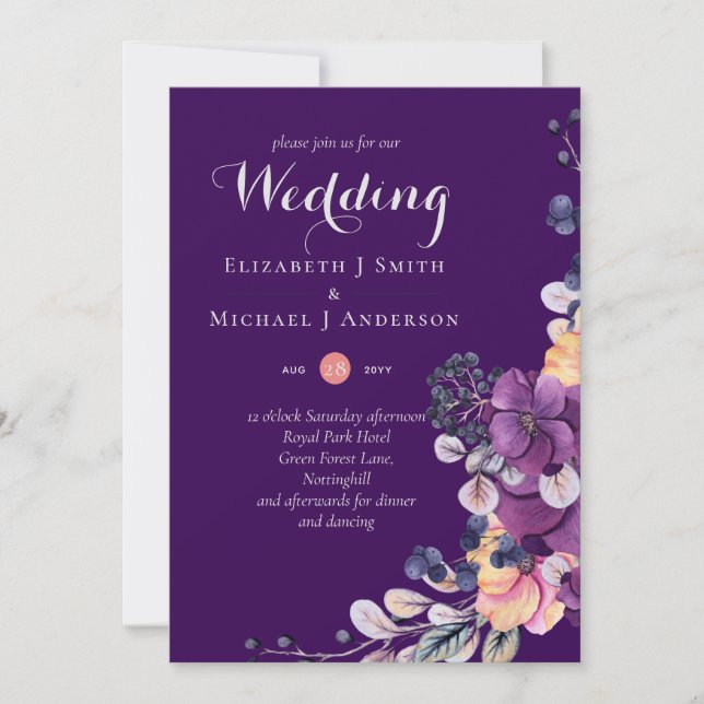 Dynastie Gingembre Violet Mariage Floral Invite En (Devant)