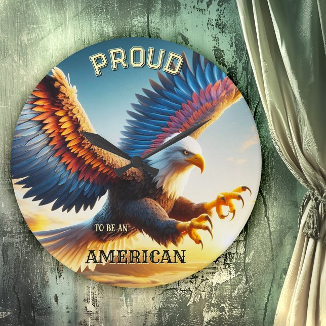 Eagle Coloré Classic Patriot Horloge murale (Wall clock featuring a colorful painting of a landing bald eagle with spread wings - USA patriots)