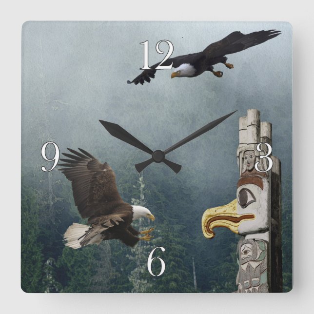 Eagles, Totem Pole & Forest Imaginaire Art Horloge (Recto)