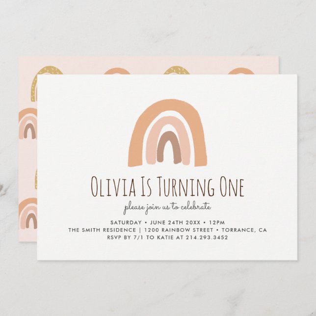 Earthy Pastel Rainbow 1er Anniversaire Invitation (Devant / Derrière)