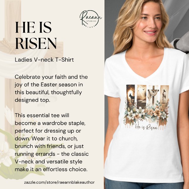Easter Brushstroke 'He Is Risen' V-Neck T-Shirt (Créateur téléchargé)