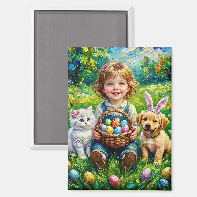 ~ EASTER Child Puppy Kitten Eggs ~  Magnet (Recto/Verso)