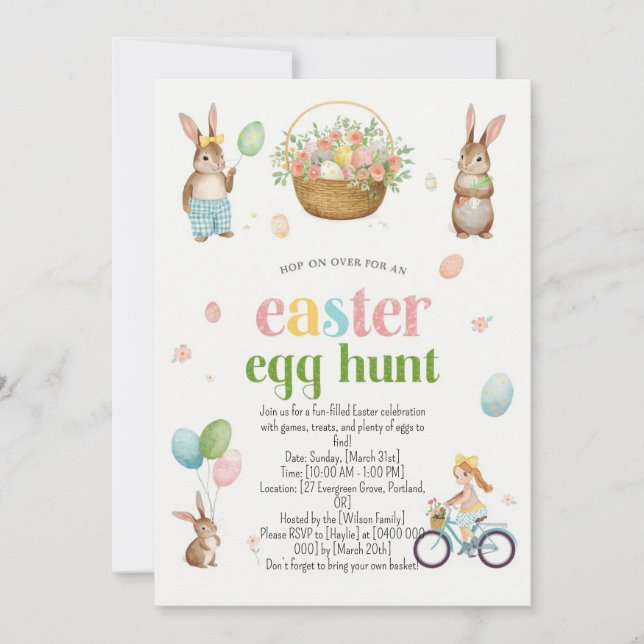 Easter Egg Hunt Invitation - Cute Bunny Watercolor (Devant)