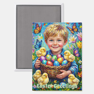 ~ EASTER GREETINGS ~ Child Chicks Eggs ~  Magnet
