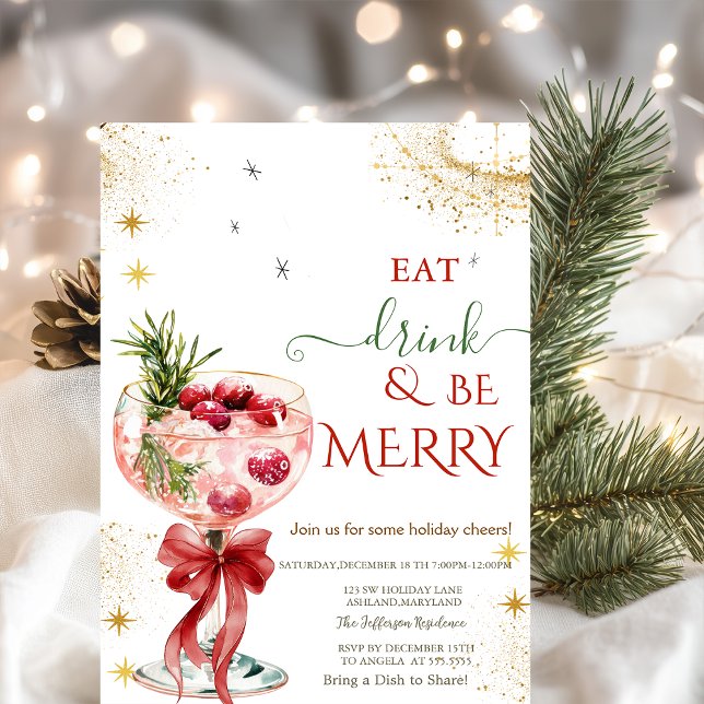 Eat Drink & Be Merry Cocktail Red Bow Invitation (Créateur téléchargé)