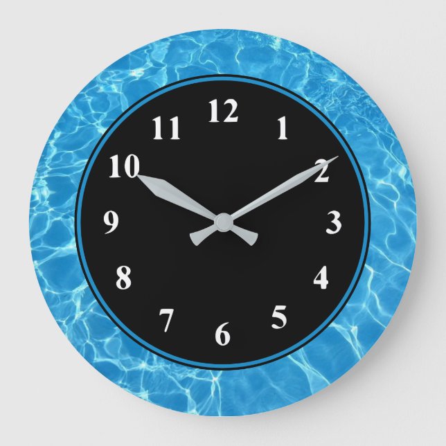 Eau Bleue Piscine Mur Horloge en Noir (Recto)