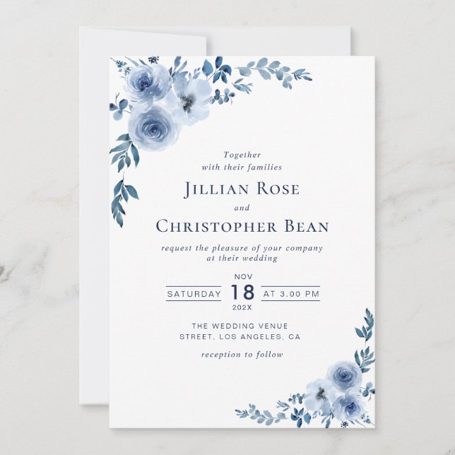 eau moderne bleu faire-part de mariage floral (Devant)