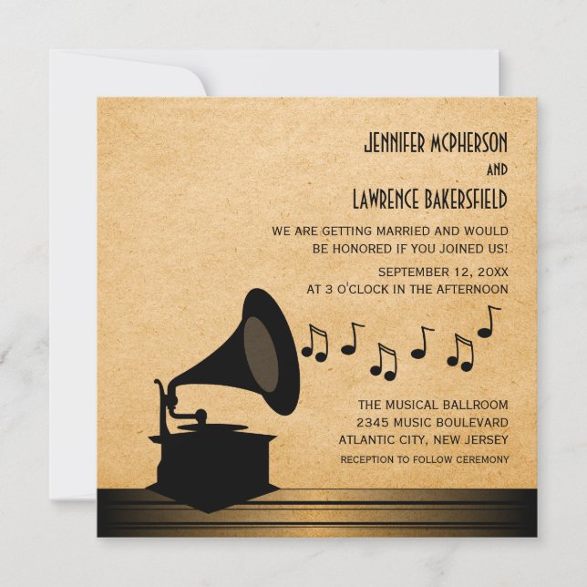 Ebony Vintage Gramophone Mariage Invitation (Devant)