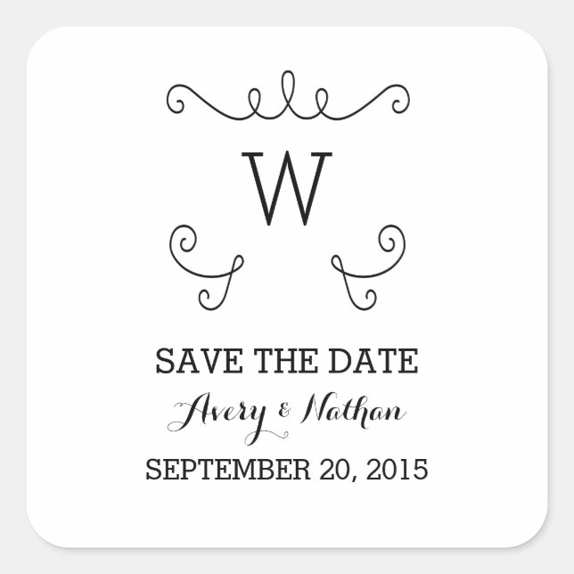 Ebony Whimsical Flourish Save Date Stickers (Devant)