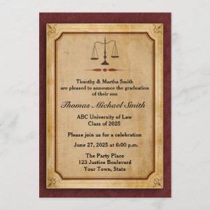 Échelles de justice, parchemin, faire-part de