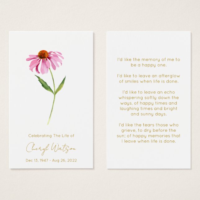 Echinacea | Carte de prière simple pour funéraille (Devant & derrière)
