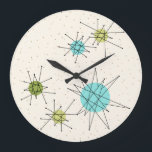 Éclats atomiques Iconiques Arrondi Mur Horloge<br><div class="desc">Cette étoile atomique Iconique Arrondi Acrylique motif mural dispose d'étoiles atomiques emblématiques. C'est vrai ! L'ancienne école, arrière - plan crème avec des taches d'or est la toile de fond parfaite pour le céleri turquoise, apaisant, et les cercles kitsch vert poire. Les taches de couleur sont sporadiquement placées dans différentes...</div>