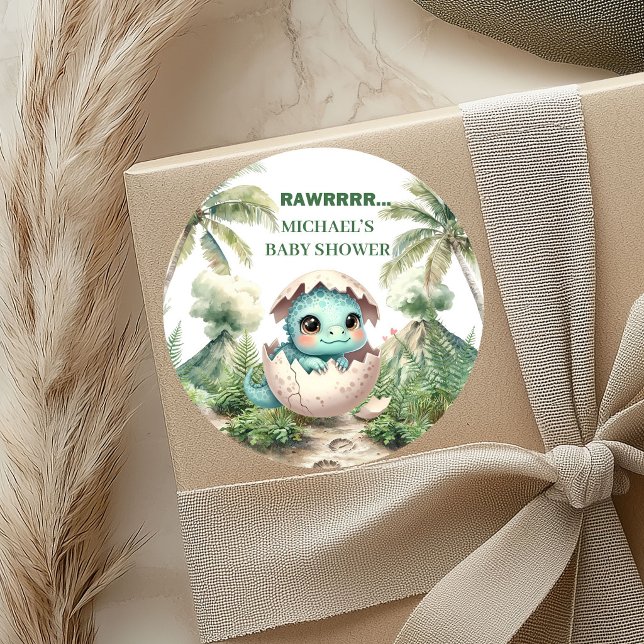 Éclosion imminente Autocollants pour Baby Shower Œ (Hatching Soon Dino Egg Baby Shower Stickers)