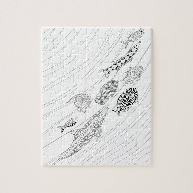 École De Poissons Puzzle Coloriage Adulte (Vertical)