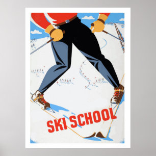 École de ski, homme sur des skis, affiche de voyag