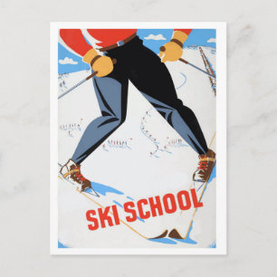 École de ski, homme sur skis, carte postale de voy