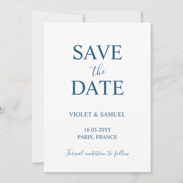 Économie de luxe bleue pour mariage Save the Date (Devant)
