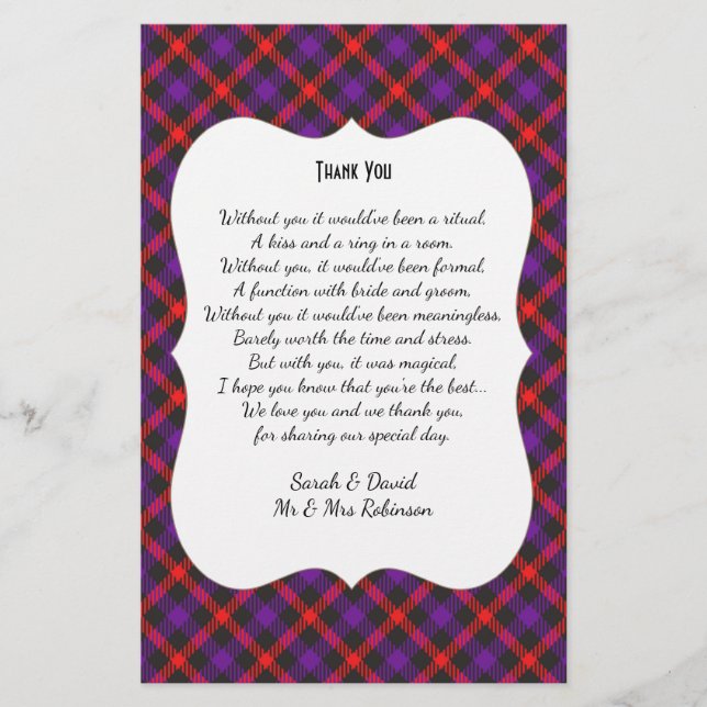 Ecosse Clan Tartan Mariage Poème Merci Scroll (Devant)