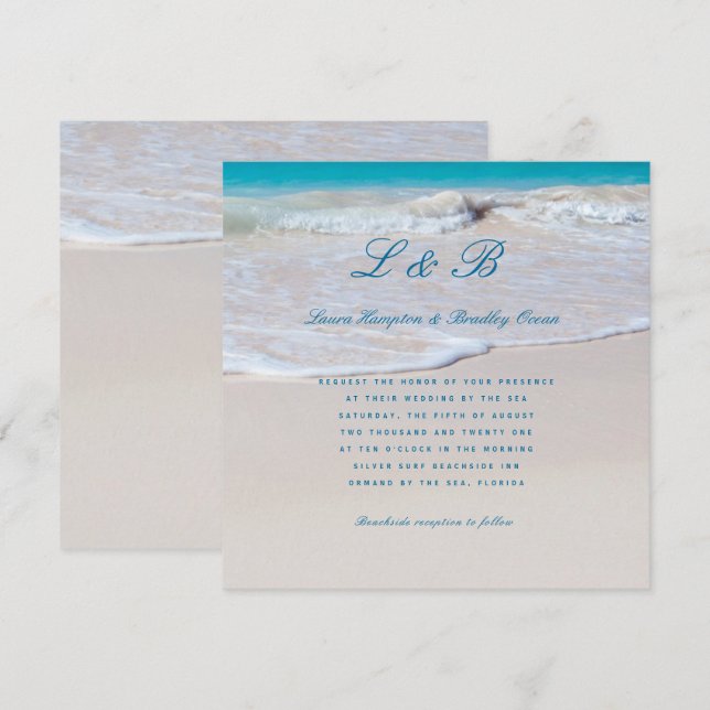 Écrit dans Sand Tropical Beach Wedding Invitation (Devant / Derrière)