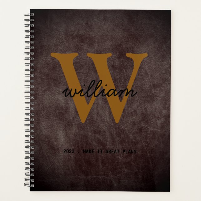 Écriture en cuir chic moderne bordeaux tan monogra (Devant)