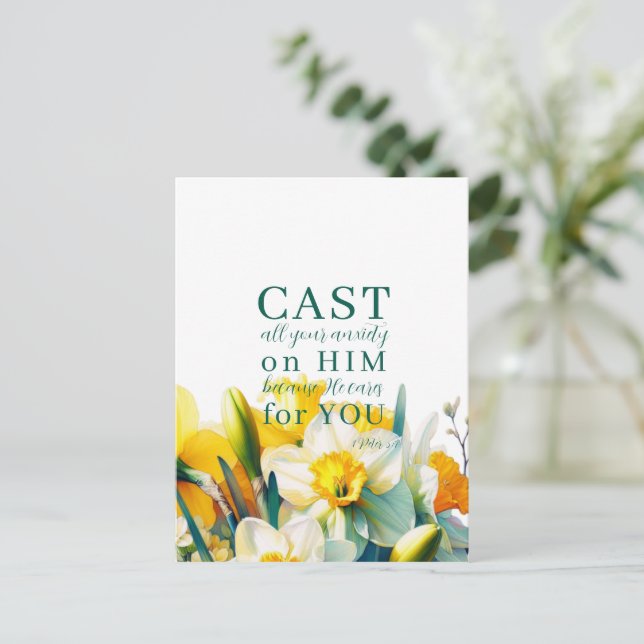Écriture florale 1 Pierre 5:7 Carte postale (Debout devant)