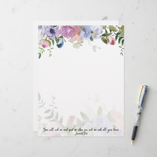 Écriture florale aquarelle pastel Jérémie 29:13 (Devant/Arrière en situation)