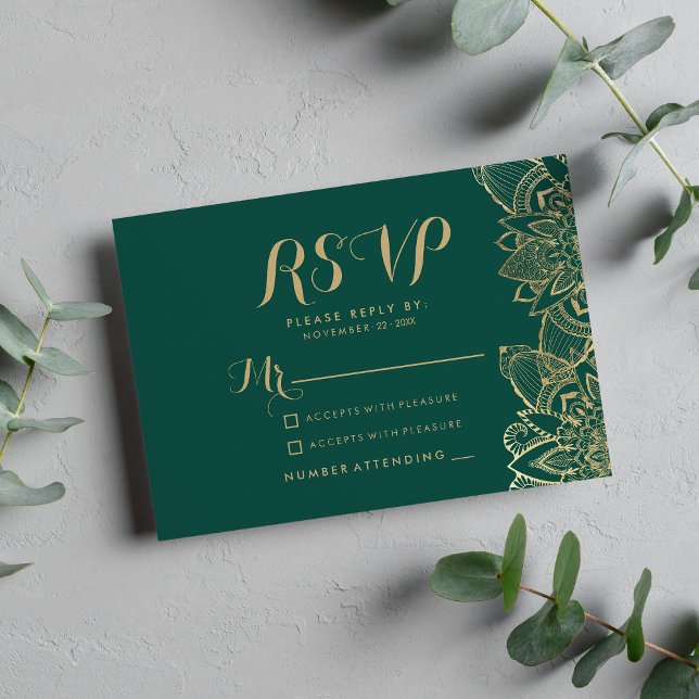 Écriture manuscrite mandala RSVP vert foncé or (Handwritten script dark green gold mandala RSVP)