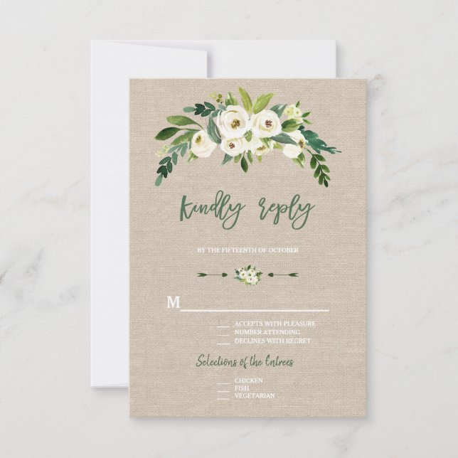 Écriture moderne de Burlap Floral Blanc RSVP (Devant)