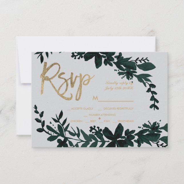 Écriture or chic Floral vert gris rsvp mariage (Devant)