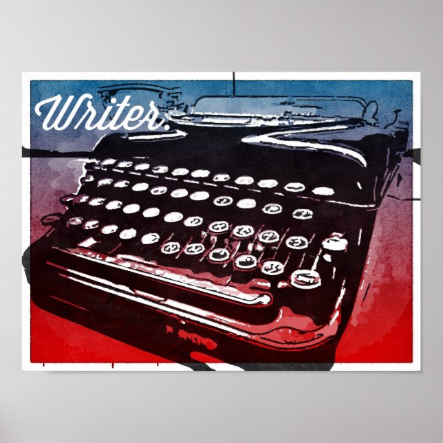 Écrivain avec Typewriter Blue Red Pop Art Poster (Devant)