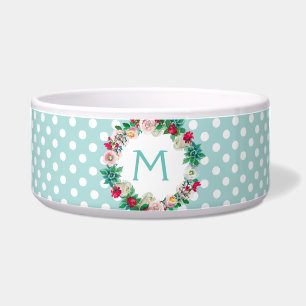 Écuelle Aqua et pois blanc avec l'animal familier de