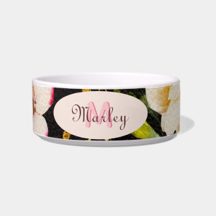 Écuelle Aquarelle rose Roses jaunes sur noir, Monogramme