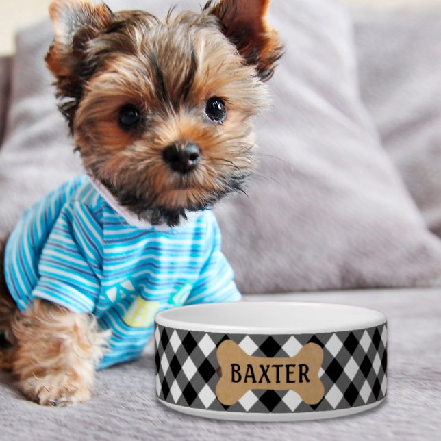 Écuelle B&W Buffalo Check Chien Nom de l'os (Créateur téléchargé)